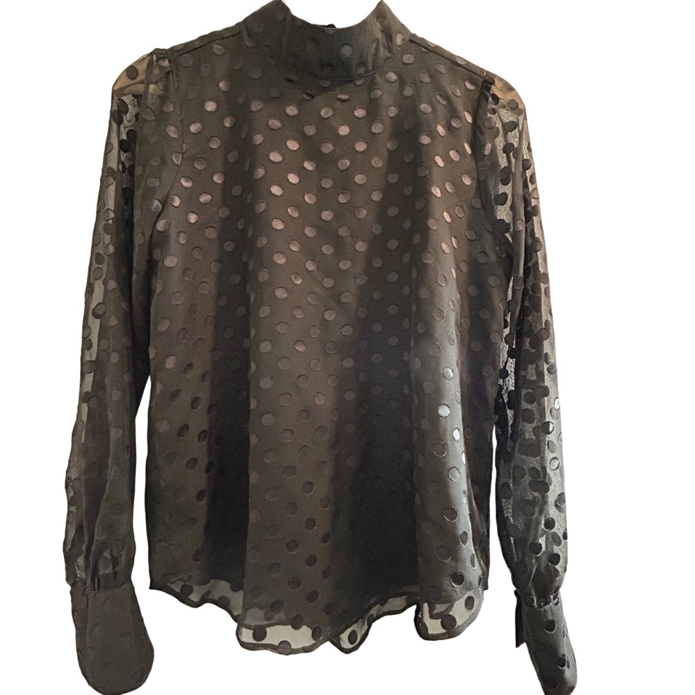 Ann Taylor Black Sheer Polka Dot Mock Neck Blouse Long Sleeve XS